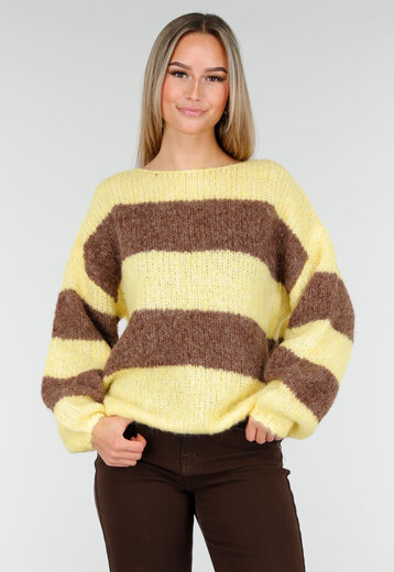 Geel-Bruine Gestreepte Fluffy Trui