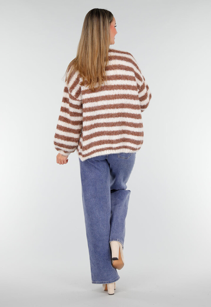 Gestreept Gebreid Vest in Bruin en Wit met Losvallend Model