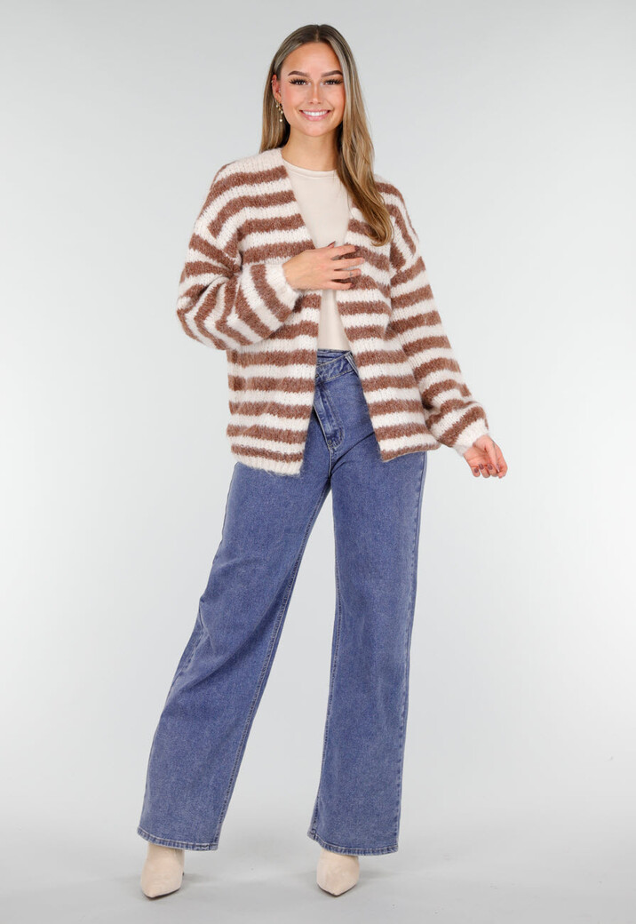 Gestreept Gebreid Vest in Bruin en Wit met Losvallend Model