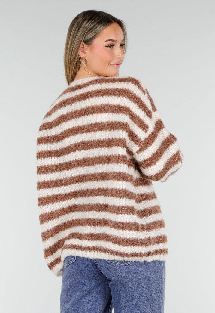 Gestreept Gebreid Vest in Bruin en Wit met Losvallend Model