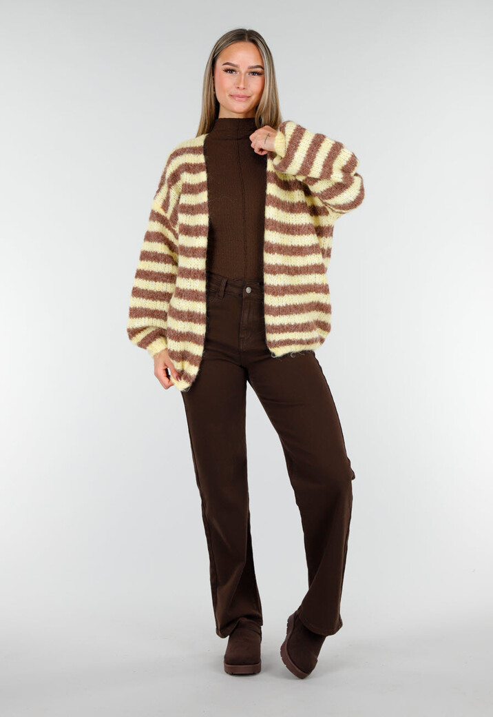 Gestreept Fluffy Vest in Geel en Bruin met Losvallende Pasvorm