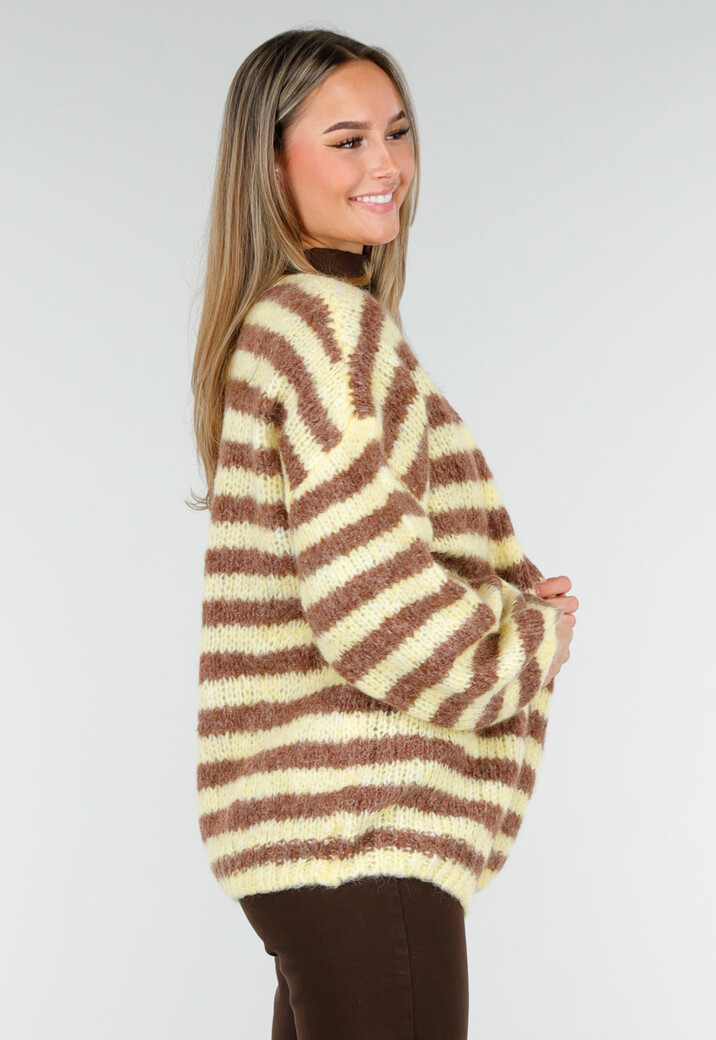 Gestreept Fluffy Vest in Geel en Bruin met Losvallende Pasvorm