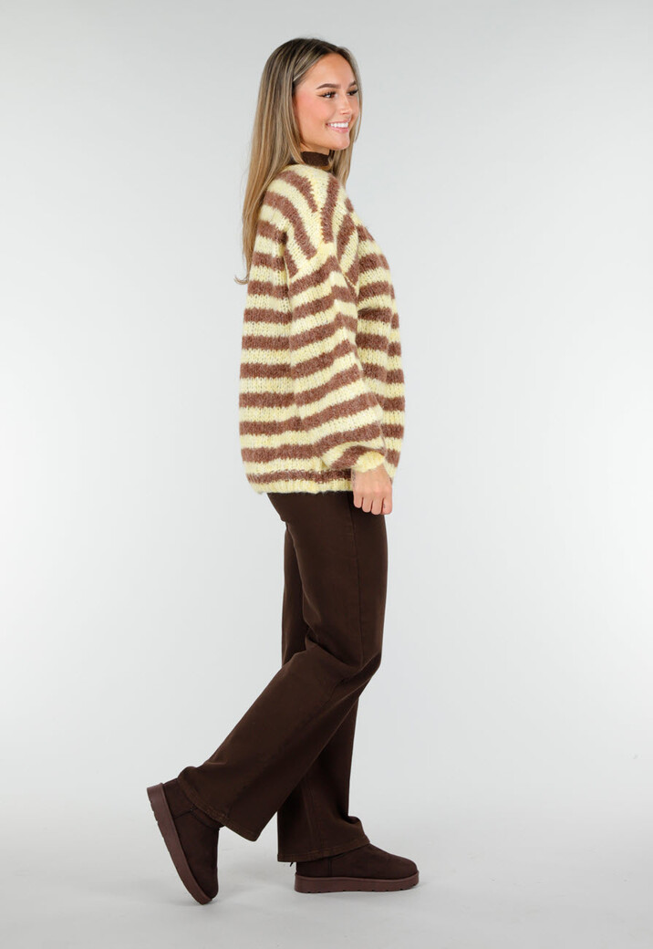Gestreept Fluffy Vest in Geel en Bruin met Losvallende Pasvorm
