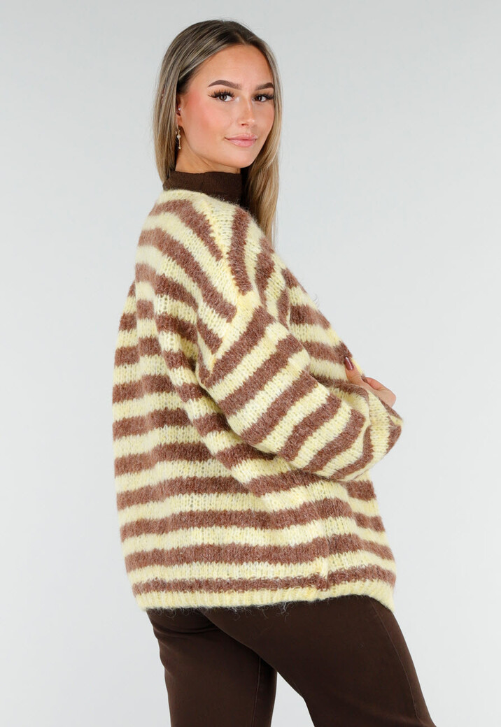 Gestreept Fluffy Vest in Geel en Bruin met Losvallende Pasvorm