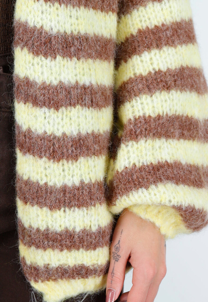 Gestreept Fluffy Vest in Geel en Bruin met Losvallende Pasvorm