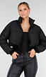 Zwarte Cropped Puffer Jas met Hoge Kraag en Verstelbare Trekkoorden