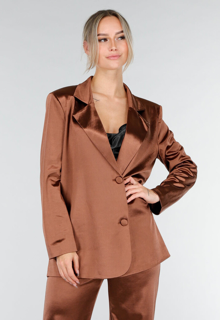 Bruine Satijnlook Blazer met Licht Getailleerde Pasvorm en Dubbele Knopen