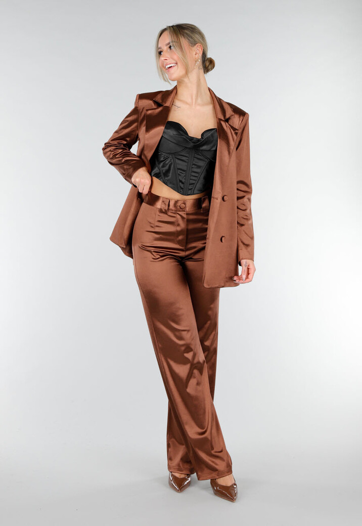 Bruine Satijnlook Blazer met Licht Getailleerde Pasvorm en Dubbele Knopen