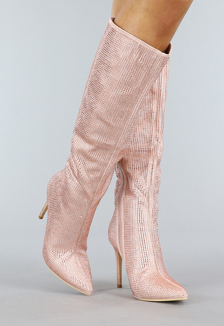 Lange Rosé Gouden Glitter Laarzen met Stiletto Hak