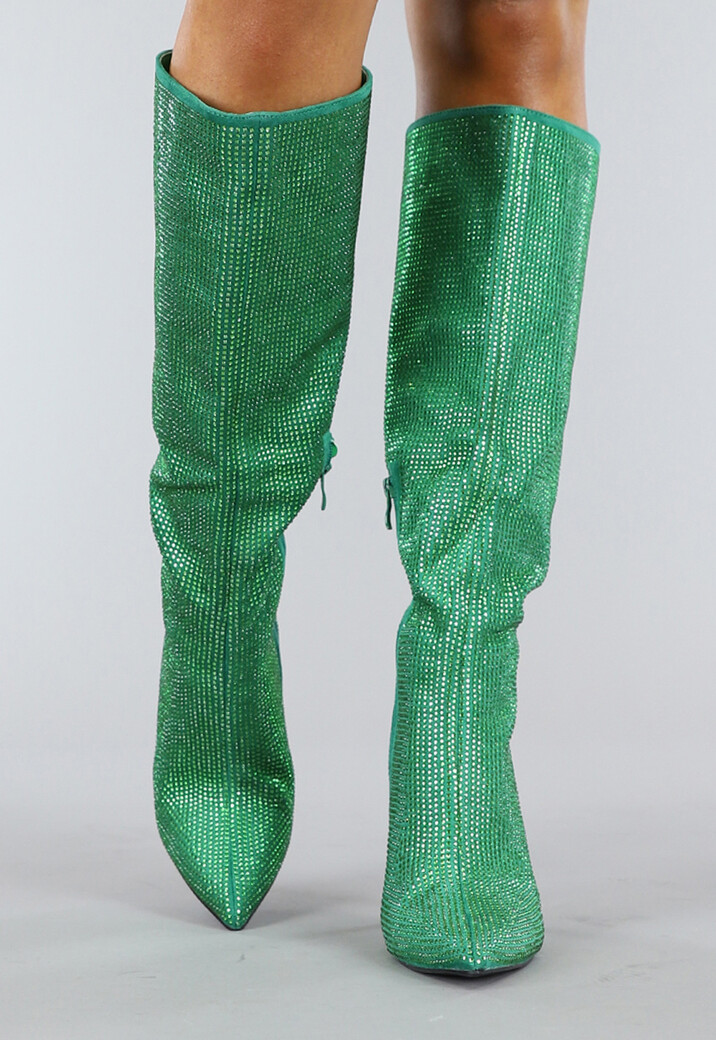 Lange Groene Glitter Laarzen met Stiletto Hak