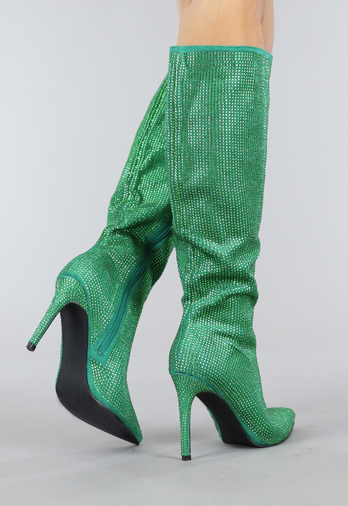 Lange Groene Glitter Laarzen met Stiletto Hak