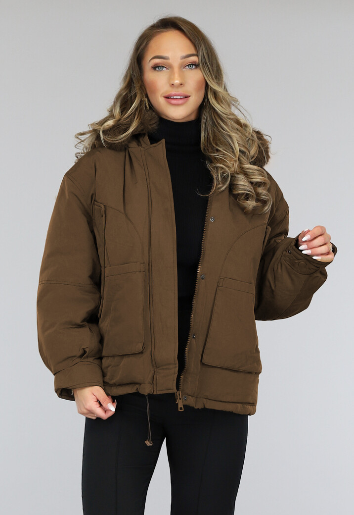 Bruine Oversized Winter Jas met Bontkraag