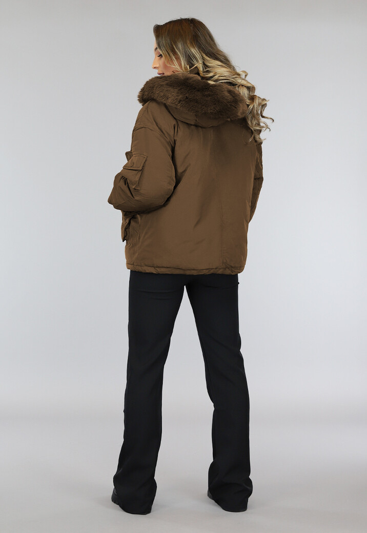 Bruine Oversized Winter Jas met Bontkraag
