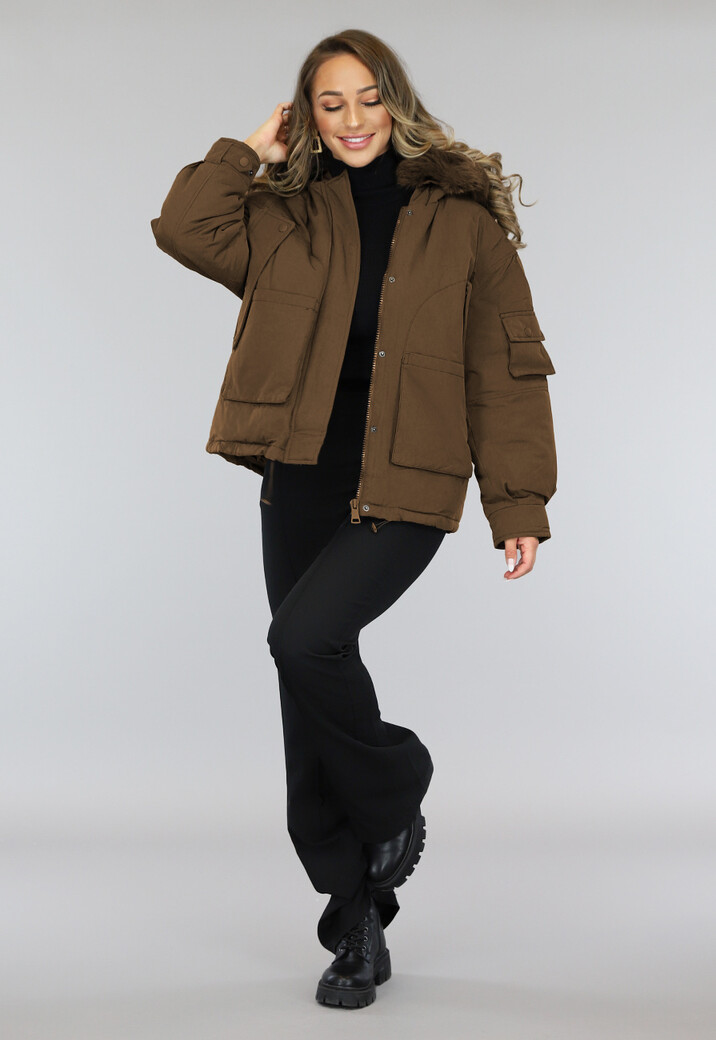 Bruine Oversized Winter Jas met Bontkraag