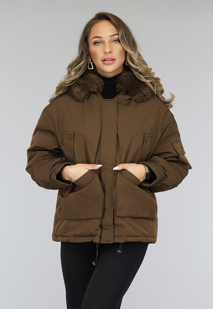 Bruine Oversized Winter Jas met Bontkraag