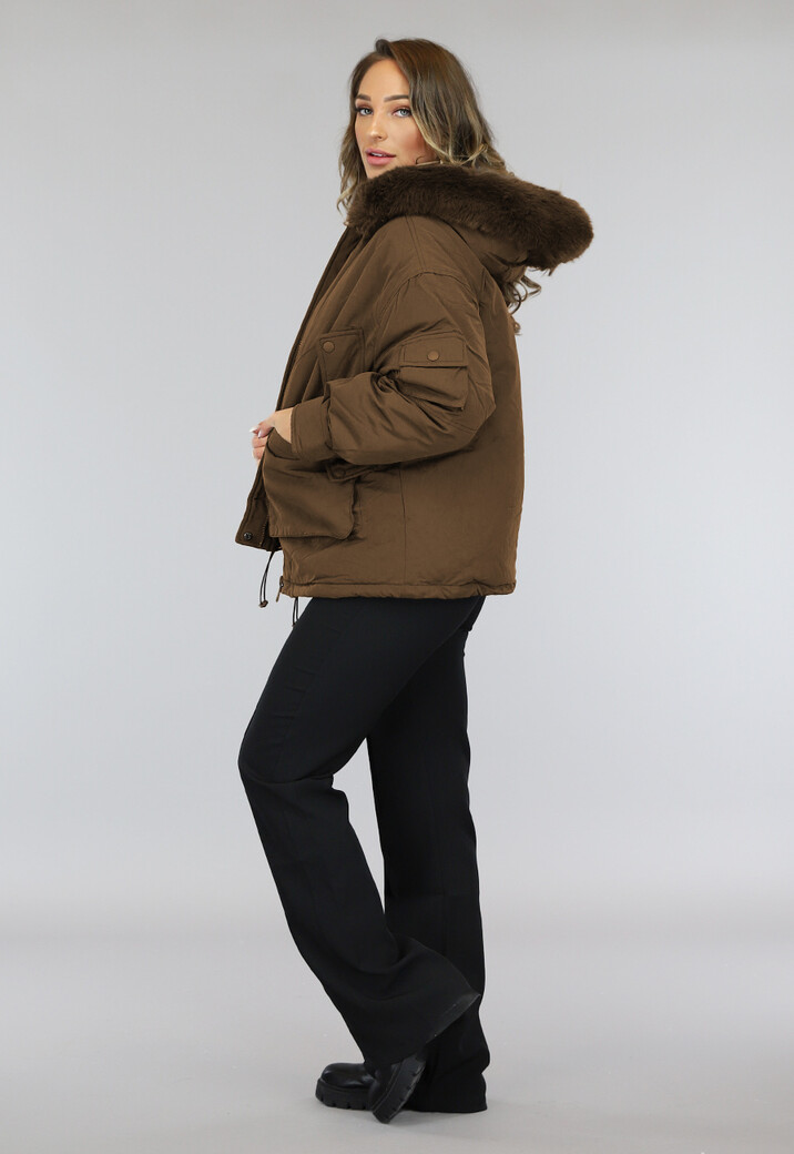 Bruine Oversized Winter Jas met Bontkraag