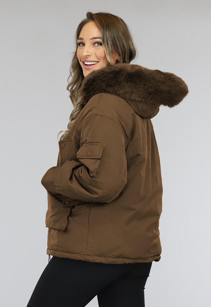 Bruine Oversized Winter Jas met Bontkraag