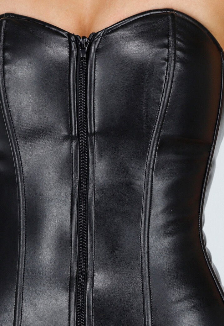Zwarte Strapless Leatherlook Bodycon Jurk met Rits