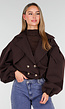 Donkerbruin Cropped Jasje met Pofmouwen en Gouden Knopen