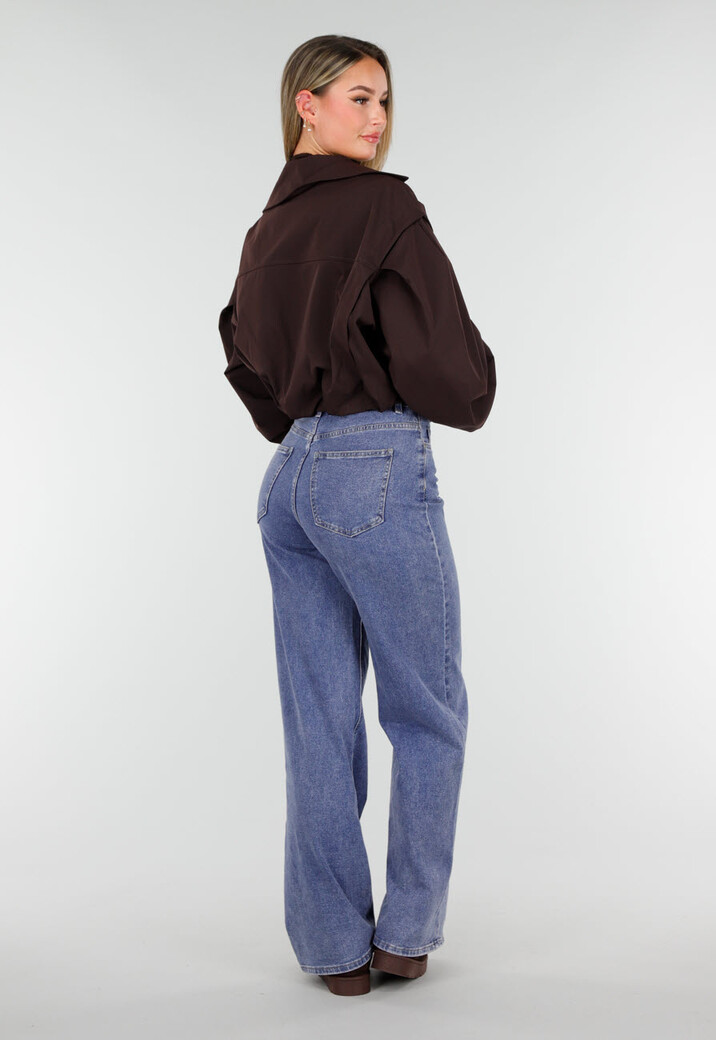 Donkerbruin Cropped Jasje met Pofmouwen en Gouden Knopen