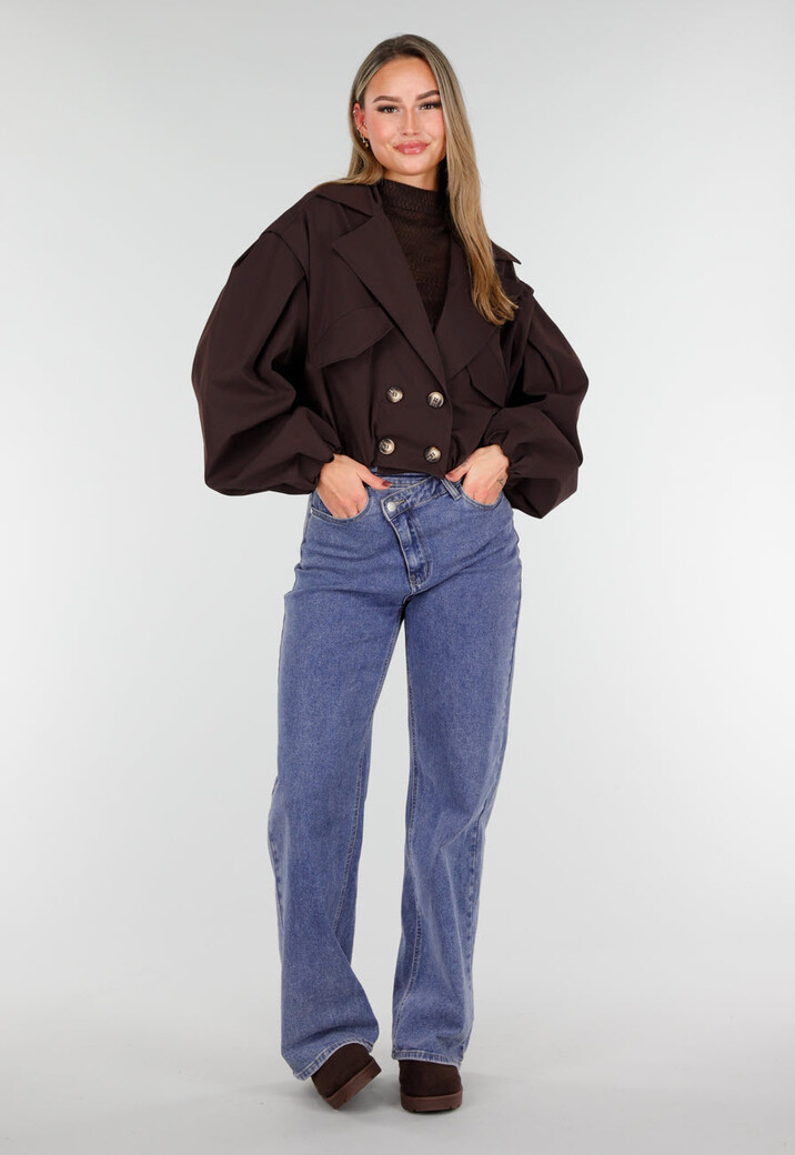Donkerbruin Cropped Jasje met Pofmouwen en Gouden Knopen