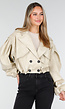 Beige Oversized Faux Leather Jasje met Pofmouwen