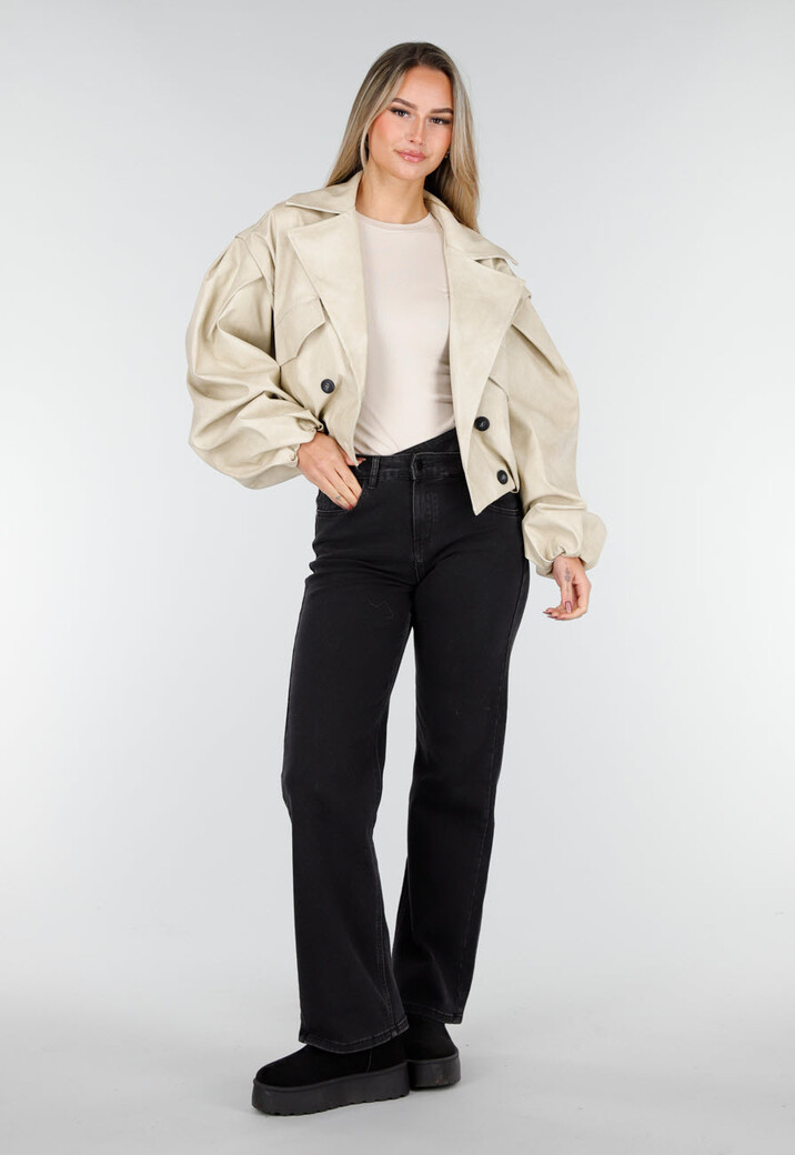 Beige Oversized Faux Leather Jasje met Pofmouwen