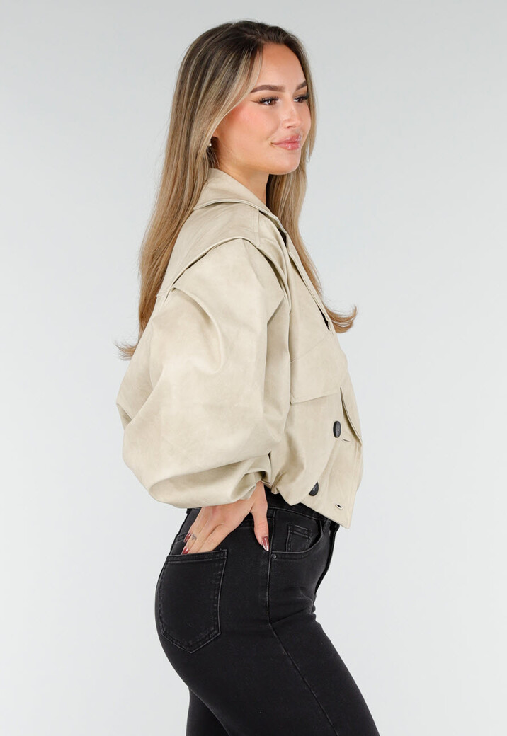 Beige Oversized Faux Leather Jasje met Pofmouwen