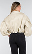 Beige Oversized Faux Leather Jasje met Pofmouwen