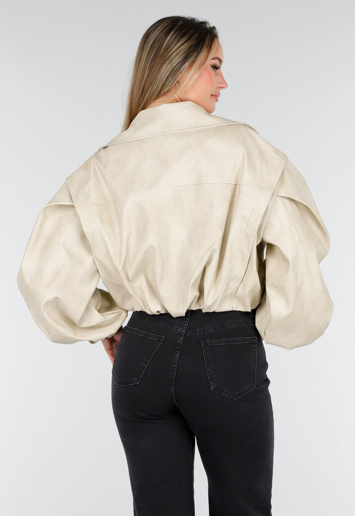Beige Oversized Faux Leather Jasje met Pofmouwen