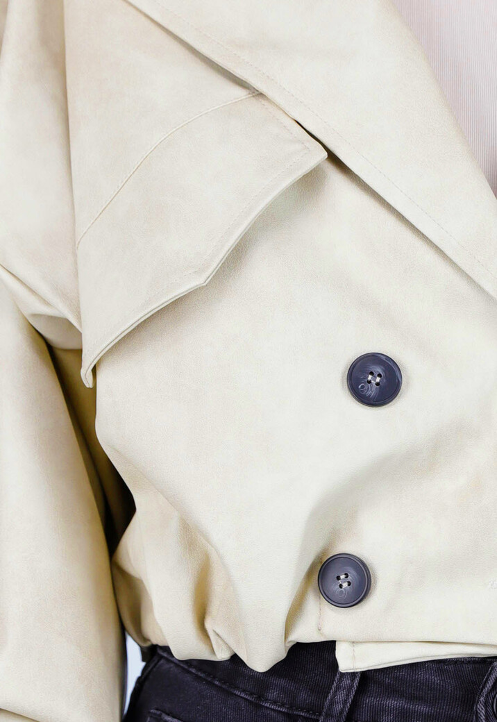 Beige Oversized Faux Leather Jasje met Pofmouwen