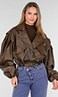 Bruin Oversized Faux Leather Jasje met Pofmouwen