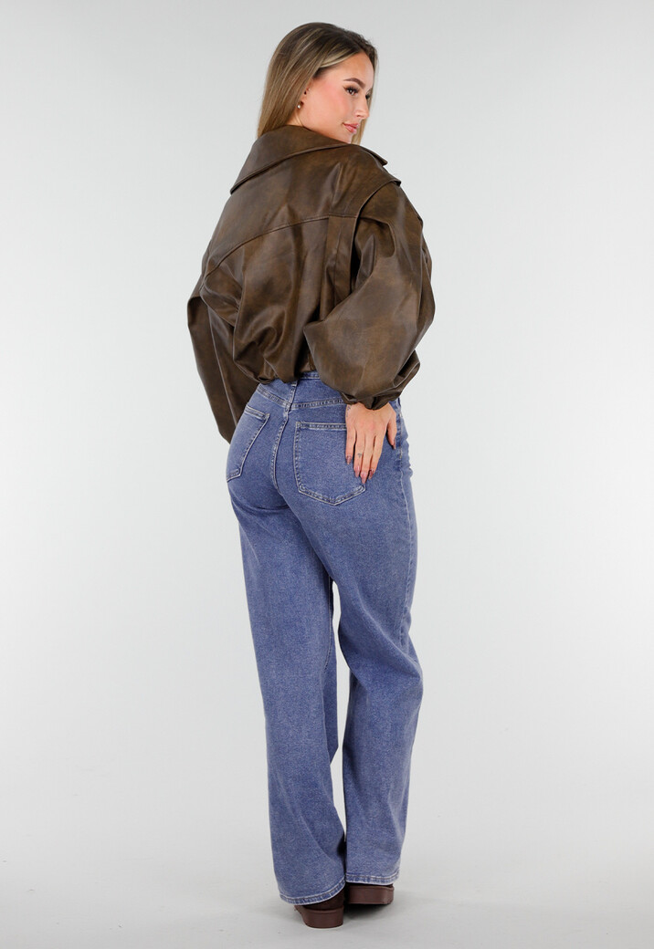 Bruin Oversized Faux Leather Jasje met Pofmouwen