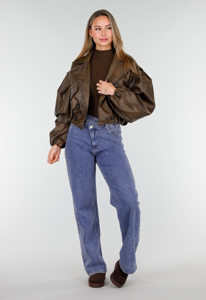 Bruin Oversized Faux Leather Jasje met Pofmouwen
