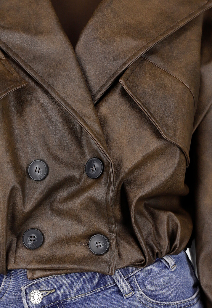 Bruin Oversized Faux Leather Jasje met Pofmouwen