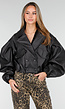 Zwarte Faux Leer Cropped Jas met Oversized Mouwen