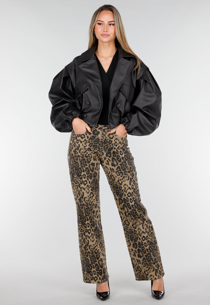 Zwarte Faux Leer Cropped Jas met Oversized Mouwen