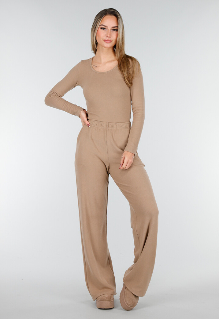 Beige Zachte Stretch Broek met Rechte Pijpen