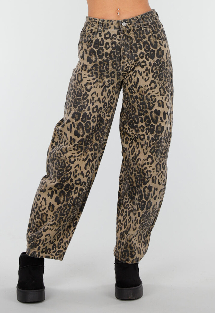 Bruine Leopard Barrel Jeans Mid Waist