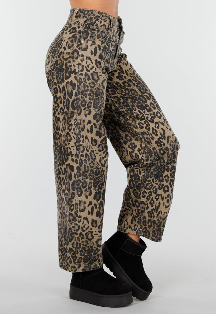 Bruine Leopard Barrel Jeans Mid Waist