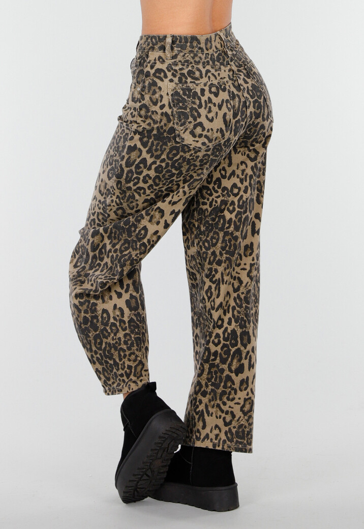 Bruine Leopard Barrel Jeans Mid Waist