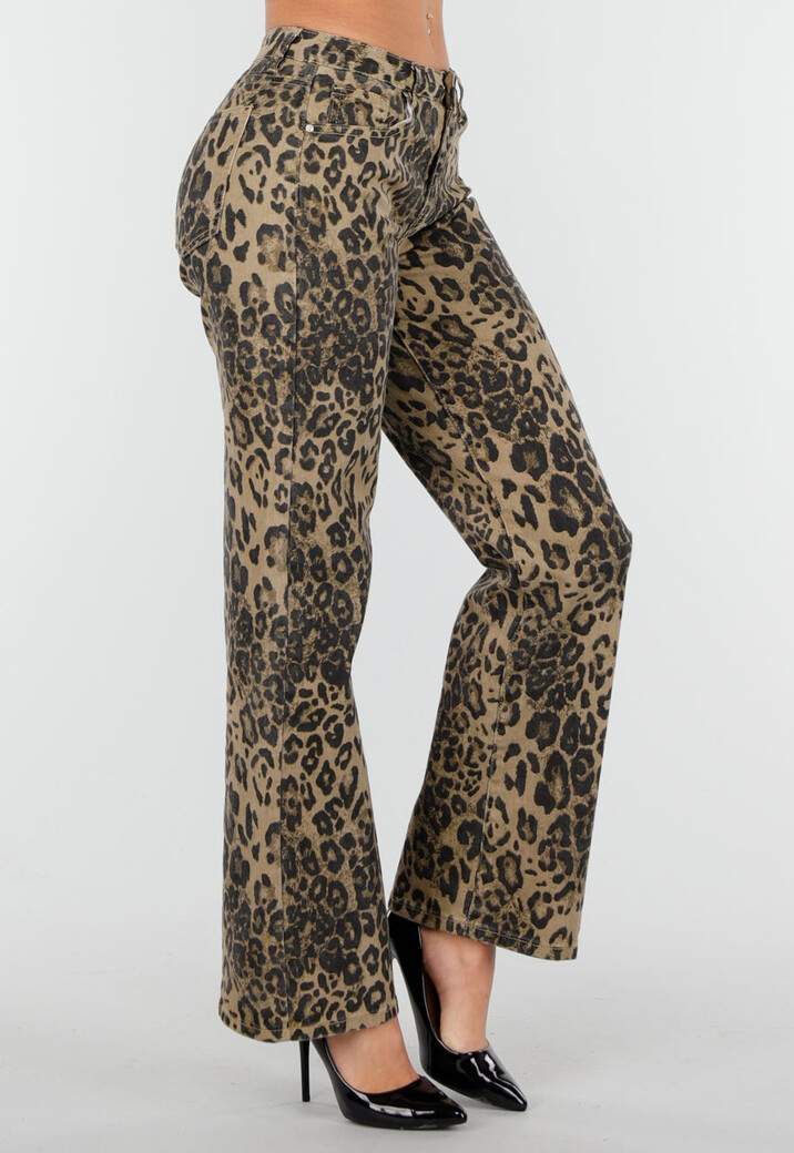 Bruine Luipaardprint Stretch Broek met Rechte Pijpen