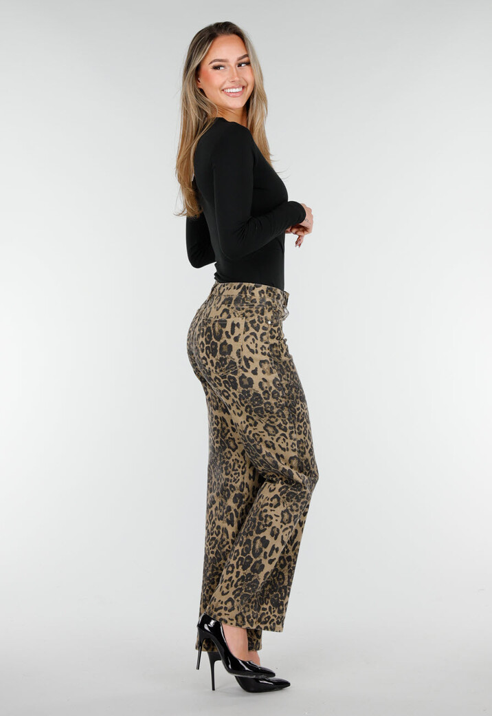 Bruine Luipaardprint Stretch Broek met Rechte Pijpen