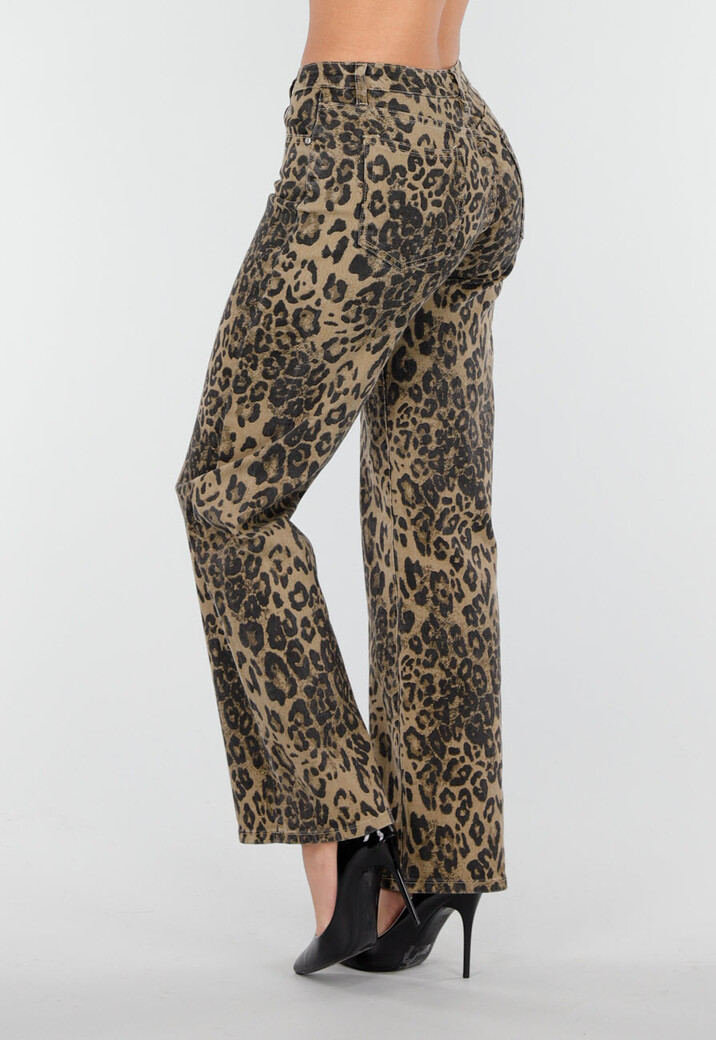 Bruine Luipaardprint Stretch Broek met Rechte Pijpen