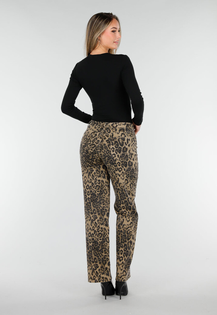 Bruine Luipaardprint Stretch Broek met Rechte Pijpen