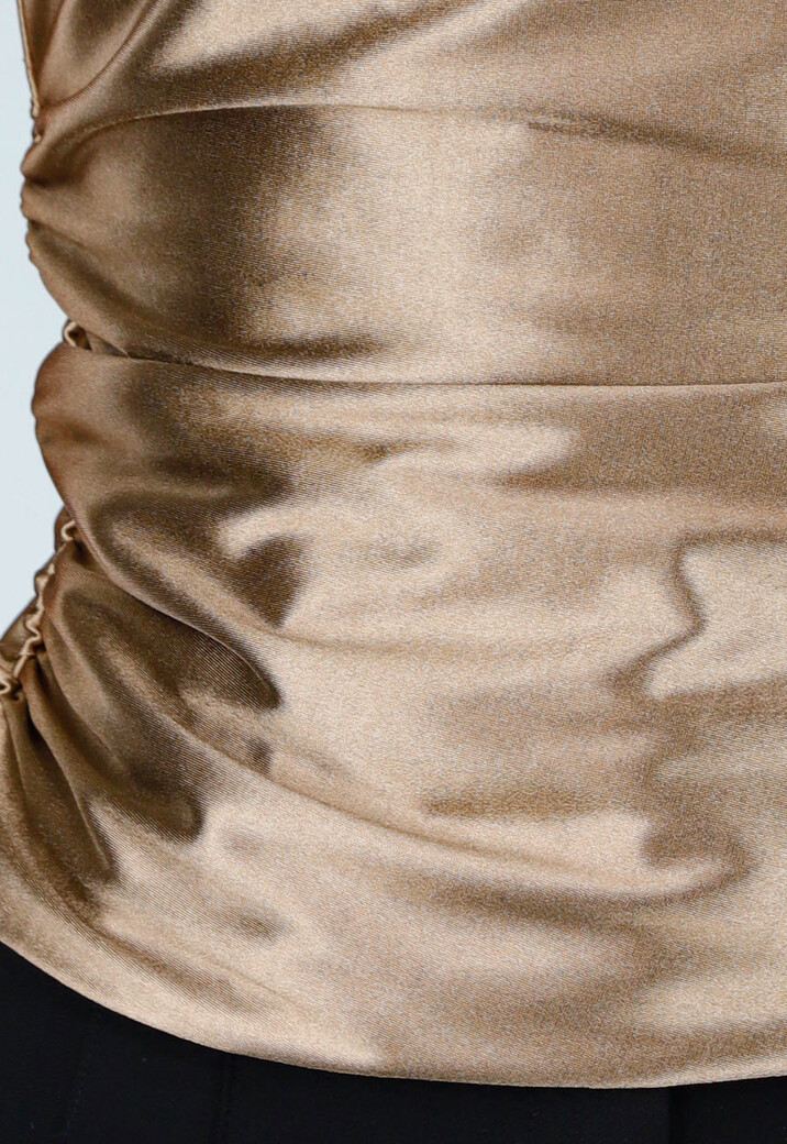 Beige Satijnen Stretch Top met Strik en Open Rug