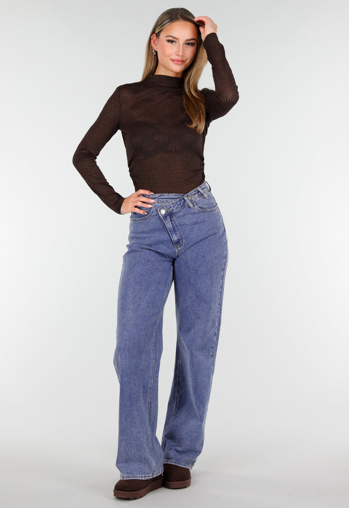 Bruine Semi Transparante Mesh Top met Lange Mouwen