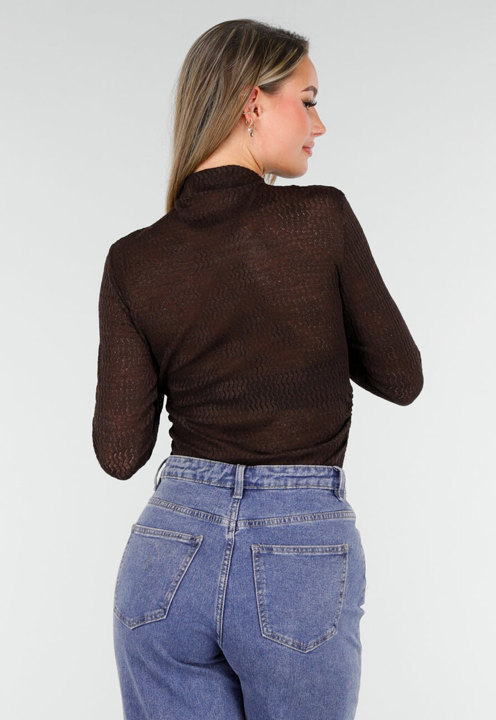 Bruine Semi Transparante Mesh Top met Lange Mouwen