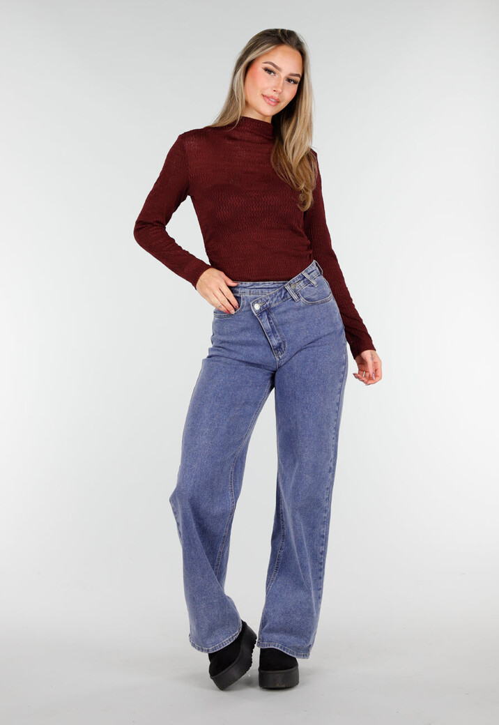 Bordeaux Lange Mouwen Top met Subtiele Textuur