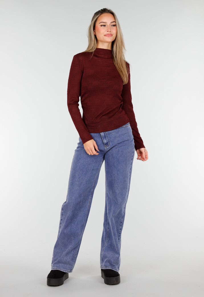 Bordeaux Lange Mouwen Top met Subtiele Textuur